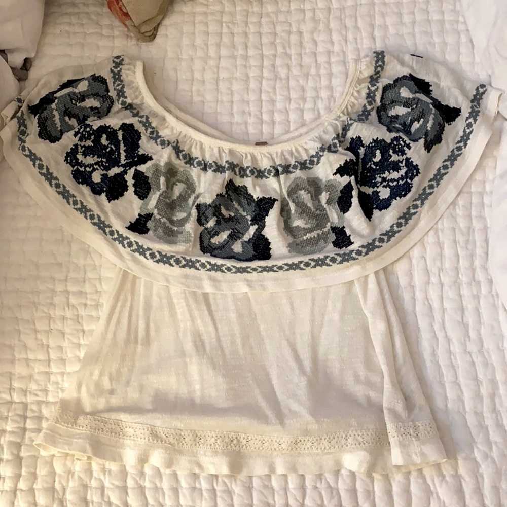 Small - White Off the Shoulder Top with Blue Needlepoint - Free People